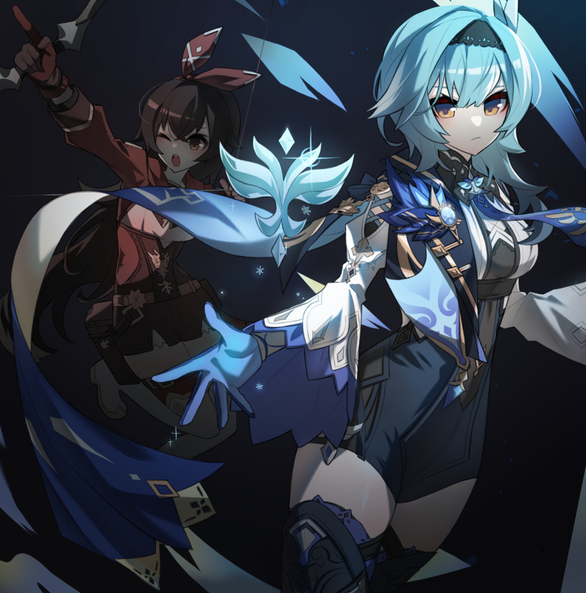 2girls amber_(genshin_impact) black_hairband black_thighhighs blue_gloves blue_hair blue_leotard blue_necktie boots bow bow_(weapon) bow_hairband breasts brooch brown_hair brown_shorts closed_mouth dark_background eula_(genshin_impact) genshin_impact gloves hairband highres jacket jewelry leotard long_sleeves looking_at_viewer medium_breasts medium_hair multiple_girls necktie pouch red_bow red_jacket shirt shorts shoulder_cape thigh-highs thigh_boots tipang_(gurimulguryo) vision_(genshin_impact) weapon white_footwear white_shirt yellow_eyes