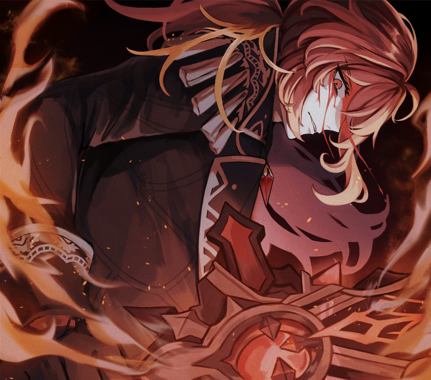 1boy black_coat black_gloves bleeding blood blood_on_face coat dark_background diluc_(genshin_impact) epaulettes fire from_side genshin_impact gloves highres holding holding_sword holding_weapon lapels long_sleeves looking_at_viewer male_focus red_eyes redhead sa_fest sleeve_cuffs solo sword upper_body weapon wolf's_gravestone_(genshin_impact)