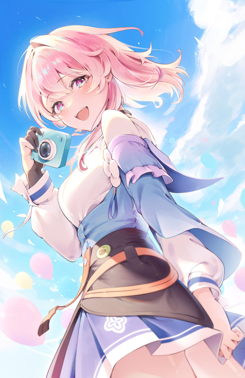 1girl :d absurdres acorn archery_shooting_glove badge balloon black_corset black_gloves blue_eyes blue_jacket blue_skirt blue_sky blush button_badge camera clouds cloudy_sky commentary corset earrings flower_ornament from_below gloves hair_between_eyes hand_up highres holding holding_camera honkai:_star_rail honkai_(series) jacket jewelry long_sleeves looking_at_viewer march_7th_(honkai:_star_rail) medium_hair miniskirt miyato_miya partially_fingerless_gloves pink_eyes pink_hair pleated_skirt shirt single_earring single_glove skirt sky smile solo teeth two-tone_eyes upper_teeth_only white_shirt