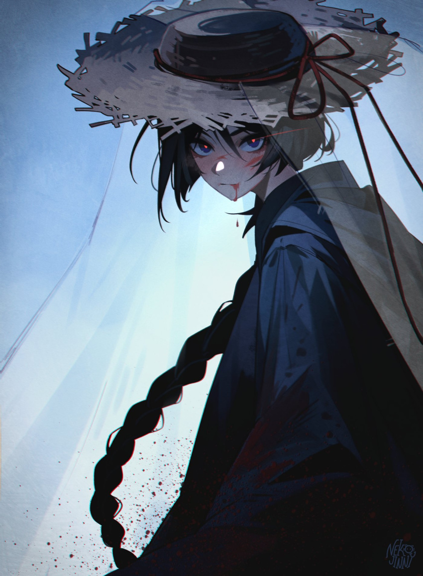 1boy artist_name black_hair blood blood_from_mouth blood_on_clothes blood_on_face blue_eyes braid genshin_impact hat highres long_hair looking_at_viewer male_focus nekojinnyart red_pupils scaramouche_(genshin_impact) simple_background single_braid smile solo standing straw_hat wanderer_(genshin_impact)