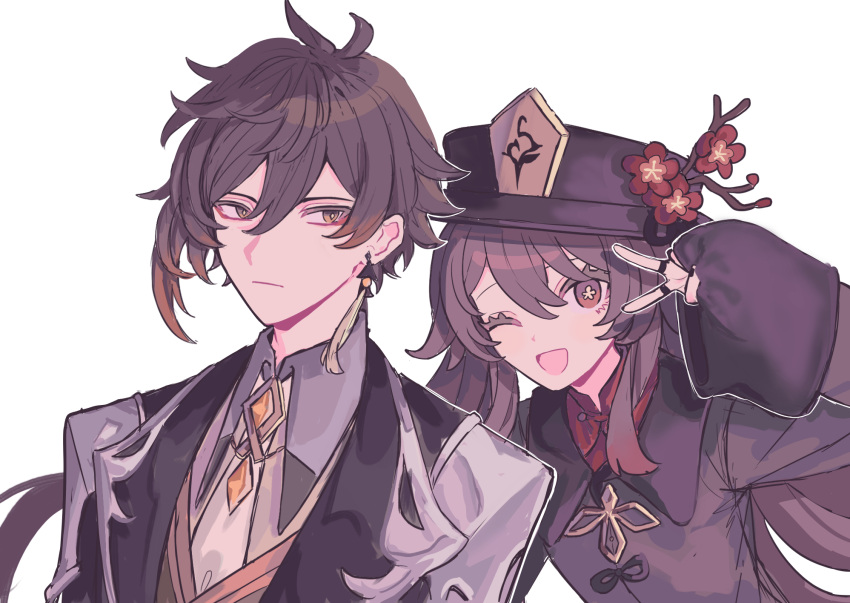 1boy 1girl ;d black_coat brown_coat brown_hair brown_headwear closed_mouth coat collared_shirt colored_tips earrings flower flower-shaped_pupils genshin_impact hair_between_eyes hat hat_flower highres hu_tao_(genshin_impact) jewelry long_hair long_sleeves looking_at_viewer mandarin_collar multicolored_hair one_eye_closed open_mouth orange_eyes outline sawa330 shirt short_hair simple_background smile symbol-shaped_pupils twintails upper_body v white_background white_outline yellow_eyes zhongli_(genshin_impact)