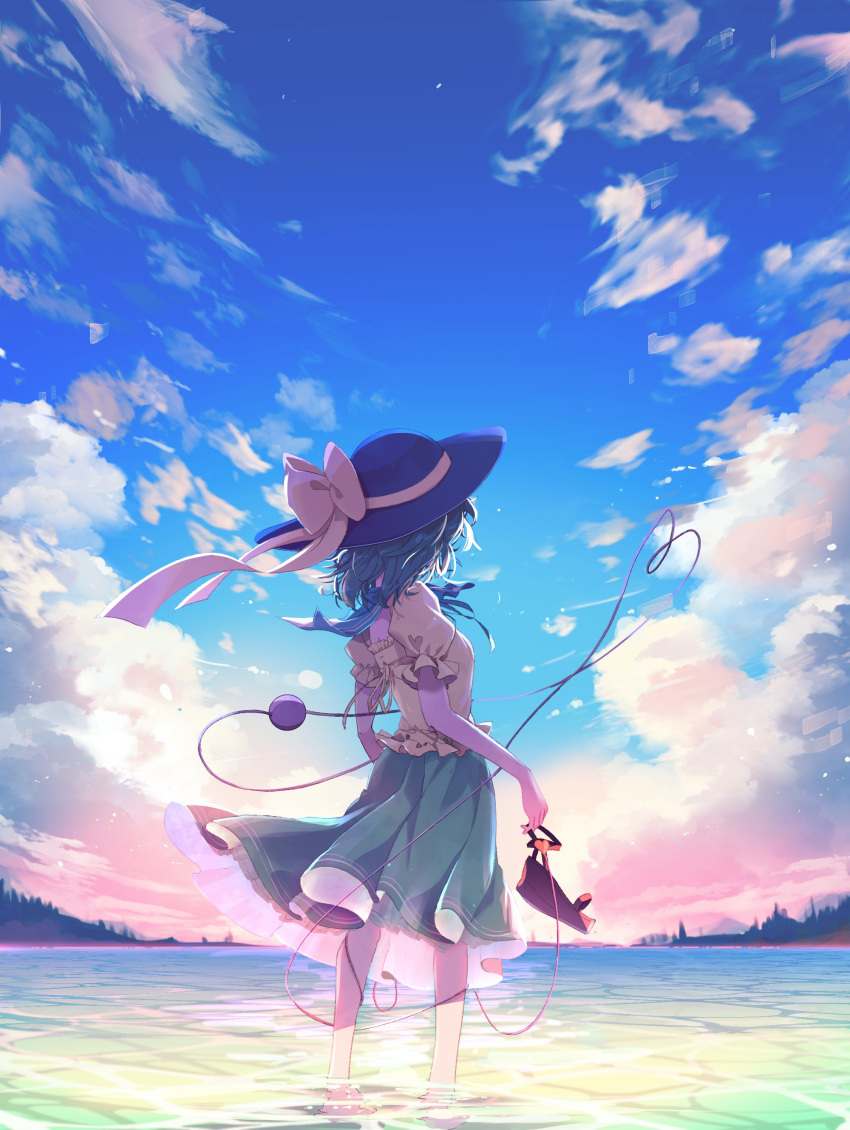 1girl absurdres black_headwear blue_sky bow clouds commentary_request from_behind green_hair green_skirt hat hat_bow heart heart_of_string highres horizon komeiji_koishi noumin_joemanyodw outdoors shirt short_hair short_sleeves skirt sky solo third_eye touhou wading yellow_bow yellow_shirt