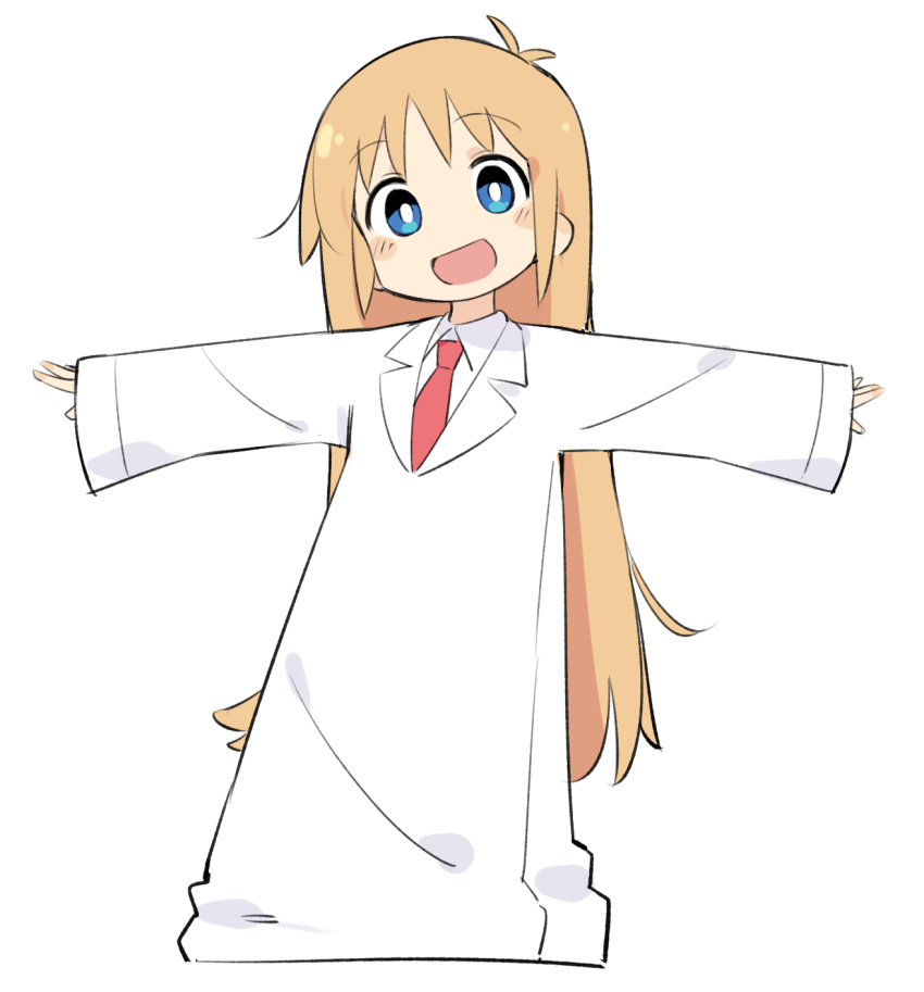1girl blue_eyes blush coat collared_shirt fusazakura highres lab_coat long_hair looking_at_viewer necktie nichijou open_mouth orange_hair outstretched_arms professor_shinonome red_necktie shirt simple_background sleeves_past_fingers sleeves_past_wrists smile solo spread_arms white_background white_coat white_shirt