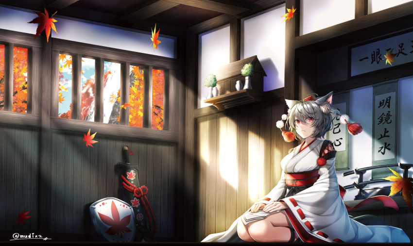 1girl absurdres closed_mouth grey_hair hair_between_eyes hat highres inubashiri_momiji japanese_clothes leaf long_sleeves maple_leaf mitama_mudimudi pom_pom_(clothes) red_eyes red_headwear seiza shield short_hair sitting solo sword tokin_hat touhou twitter_username weapon wide_sleeves