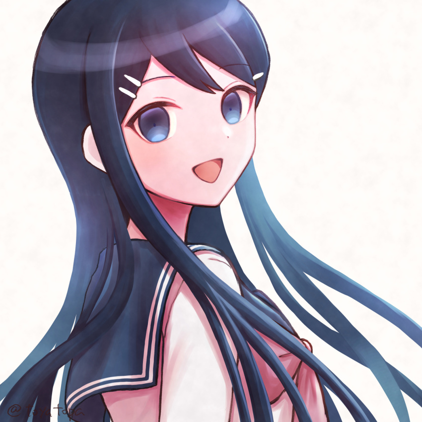 1girl :d blue_hair bow bowtie danganronpa:_trigger_happy_havoc danganronpa_(series) grey_background hair_ornament hairclip highres long_hair looking_at_viewer looking_to_the_side maizono_sayaka open_mouth pink_bow pink_bowtie sailor_collar shirt simple_background smile solo toyatopa white_shirt