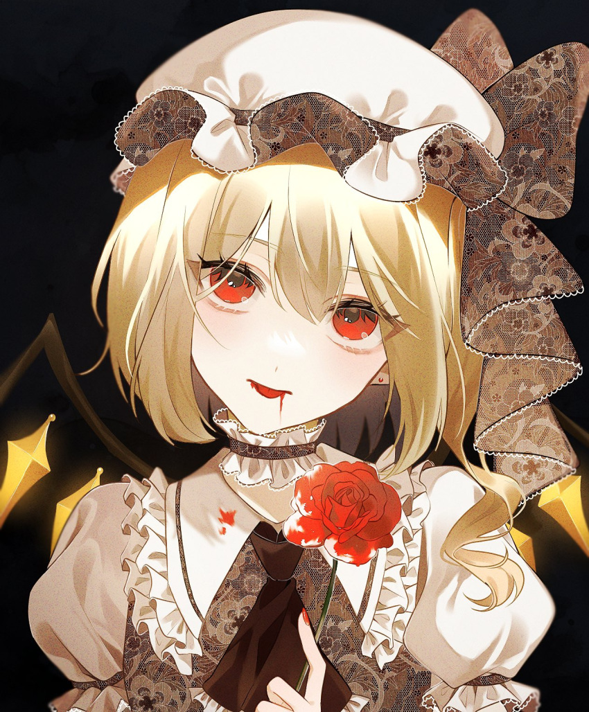 1girl adapted_costume blonde_hair blood blood_in_mouth bow brown_bow brown_vest collar collared_shirt commentary_request crystal flandre_scarlet flower frilled_collar frilled_shirt_collar frills hat hat_bow head_tilt highres holding holding_flower lace-trimmed_headwear lace_trim long_hair looking_at_viewer mob_cap red_eyes red_flower red_nails rose shirt short_sleeves solo tongue tongue_out touhou upper_body uzmee vest white_shirt wings