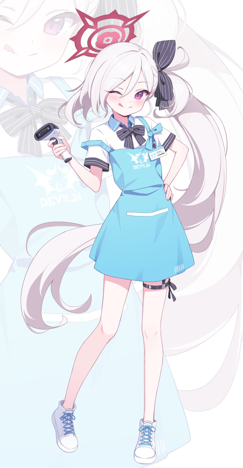 1girl ;q absurdres apron black_bow black_bowtie blue_apron blue_archive bow bowtie cosplay cross-laced_footwear deadnooodles full_body grey_hair hair_between_eyes hair_bow halo hand_on_own_hip highres long_hair looking_at_viewer mutsuki_(blue_archive) one_eye_closed red_halo shirt shoes short_sleeves side_ponytail solo sora_(blue_archive) sora_(blue_archive)_(cosplay) standing striped striped_bow tongue tongue_out very_long_hair violet_eyes white_footwear white_shirt zoom_layer