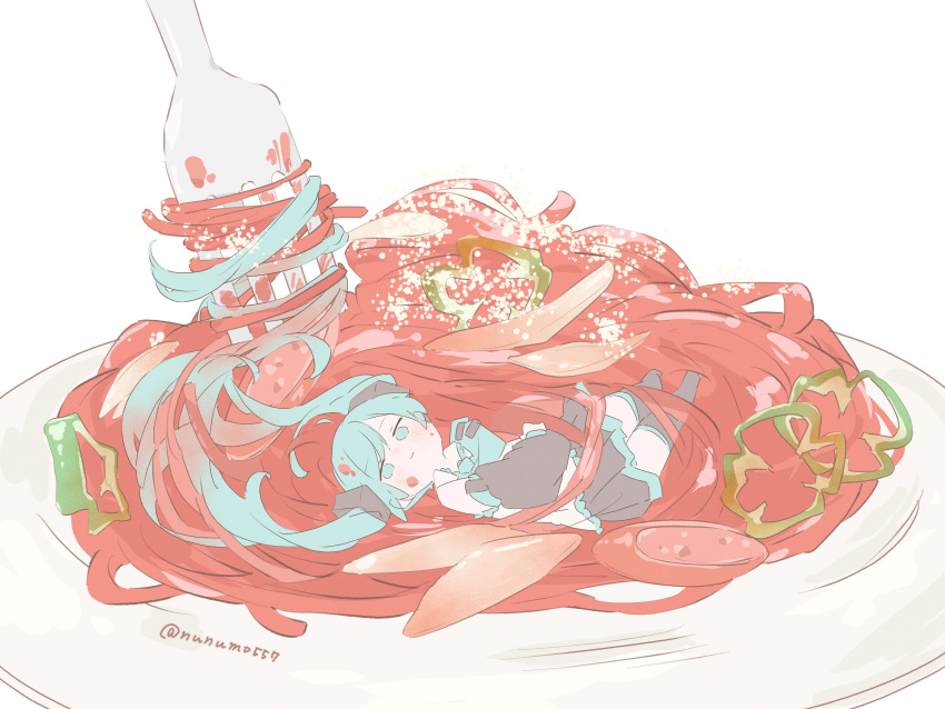 1girl absurdly_long_hair absurdres aqua_eyes aqua_hair aqua_necktie bell_pepper_slice black_skirt black_thighhighs commentary_request food fork hatsune_miku highres jitome light_smile long_hair lying necktie nunumo on_back pasta plate simple_background skirt solo spaghetti thigh-highs twintails twitter_username very_long_hair vocaloid white_background
