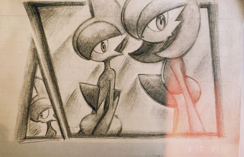 1boy 1girl ame_(pixiv_94535533) arms_at_sides bob_cut closed_mouth commentary_request dated dot_mouth flat_chest from_side gallade gardevoir greyscale highres looking_at_viewer mohawk monochrome multiple_views outside_border partial_commentary pokemon pokemon_(creature) profile short_hair sketch standing traditional_media upper_body