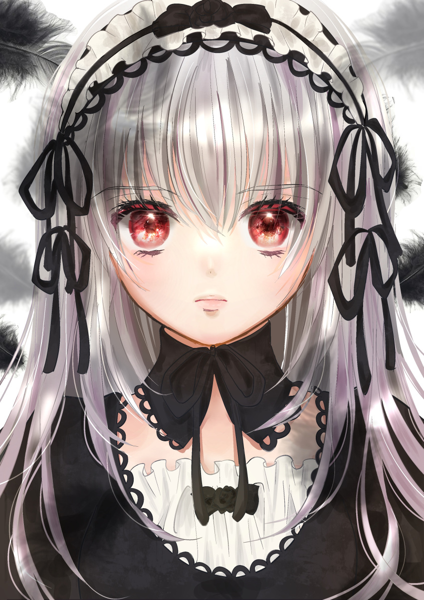 1girl absurdres black_feathers black_flower black_ribbon black_rose closed_mouth detached_collar eyelashes feathers flower frown gothic_lolita grey_hair hair_between_eyes highres lolita_fashion long_hair mao_(amulet_ma) neck_ribbon pink_lips red_eyes ribbon rose rozen_maiden simple_background solo straight-on suigintou upper_body white_background