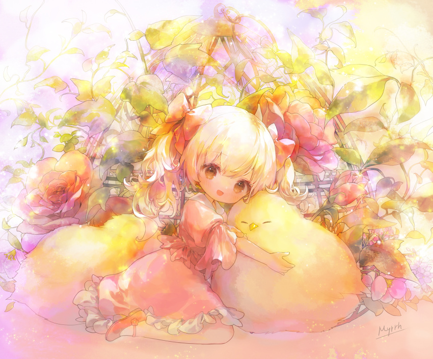 1girl 888myrrh888 :d animal bird blonde_hair bow brown_eyes chick collared_shirt commentary_request flower frilled_skirt frills from_side hair_between_eyes hair_bow highres looking_at_viewer looking_to_the_side original pink_shirt pink_skirt puffy_short_sleeves puffy_sleeves red_bow red_flower red_footwear red_rose rose shirt shoes short_sleeves signature sitting skirt smile solo twintails wariza