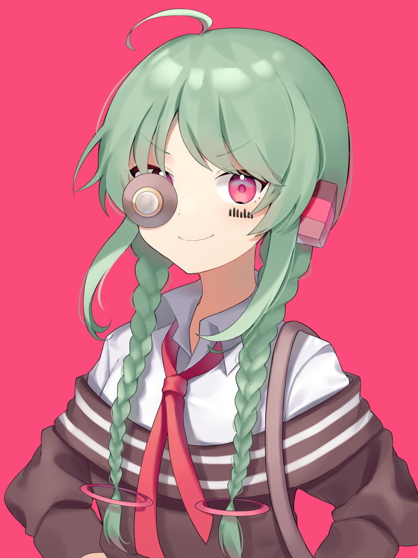 1bitheart 1girl absurdres ahoge braid brown_sweater closed_mouth collared_shirt facial_mark haema_(usnx2852) highres light_green_hair long_hair looking_at_viewer mekami_hiyu monocle necktie off-shoulder_sweater off_shoulder red_background red_eyes red_necktie shirt smile solo sweater twin_braids white_shirt