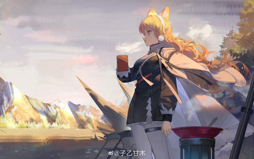 1girl absurdres animal_ear_fluff animal_ears arknights arm_at_side black_jacket bowl chair chinese_commentary clouds coat commentary_request cup earmuffs feet_out_of_frame floating_hair from_side fur-trimmed_coat fur_trim grass hair_between_eyes hand_up highres holding holding_cup jacket long_hair long_sleeves looking_ahead mountain mug official_alternate_costume open_clothes open_coat outdoors parted_lips pink_eyes pink_hair portable_stove pozyomka_(arknights) pozyomka_(snowy_plains_in_words)_(arknights) sky sleeve_cuffs solo spoon steam thigh-highs tree very_long_hair weibo_logo weibo_username white_coat white_thighhighs wolf_ears wolf_girl ziyiganmu
