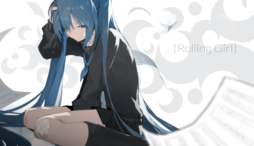 1girl absurdres bandage_on_face bandage_on_knee bandages black_sailor_collar black_serafuku black_shirt black_skirt black_socks blue_eyes blue_hair blue_neckerchief blurry blurry_foreground clutching_head commentary empty_eyes english_text feet_out_of_frame frown hatsune_miku highres jiu_ye_sang kneehighs long_hair looking_to_the_side neckerchief paper pleated_skirt rolling_girl_(vocaloid) sailor_collar school_uniform serafuku sheet_music shirt sitting skirt socks solo twintails very_long_hair vocaloid wariza