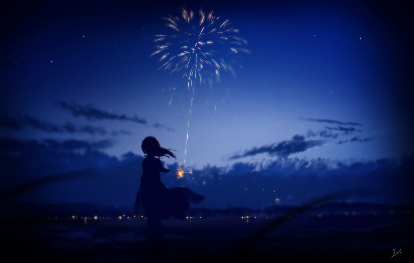 1girl absurdres blue_sky blurry blurry_foreground city_lights clouds cloudy_sky dress fireworks floating_clothes floating_hair forced_perspective highres holding_fireworks landscape mountainous_horizon night night_sky original outdoors scenery signature silhouette sky skyrick9413 solo sparkler star_(sky) wide_shot