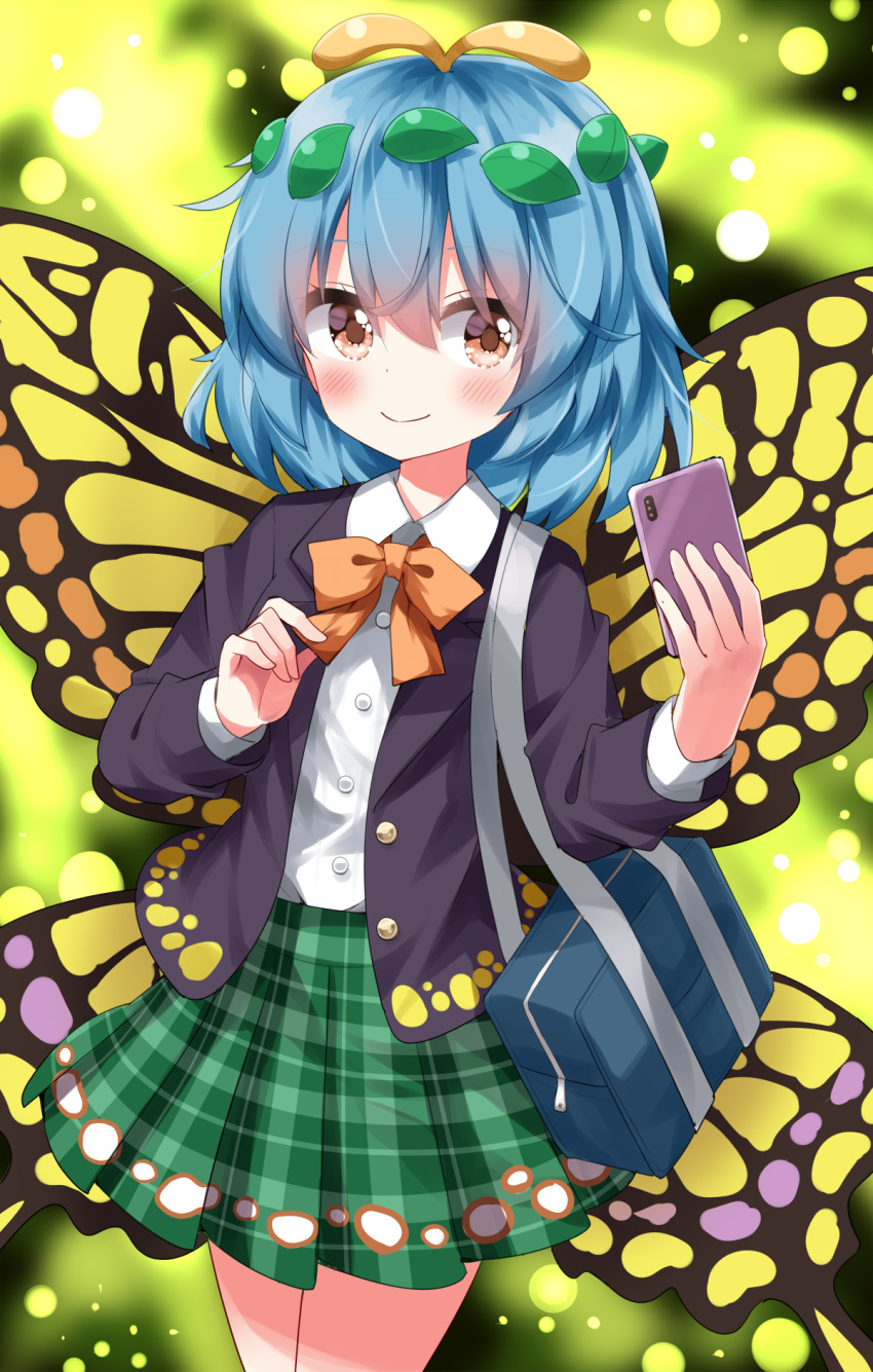 1girl antennae aqua_eyes bag black_jacket blush brown_eyes butterfly_wings buttons cellphone closed_mouth collared_shirt cowboy_shot eternity_larva fairy green_skirt hair_between_eyes highres holding holding_phone jacket leaf leaf_on_head long_sleeves open_clothes open_jacket phone pleated_skirt ruu_(tksymkw) shirt short_hair shoulder_bag skirt smartphone smile solo touhou white_shirt wings