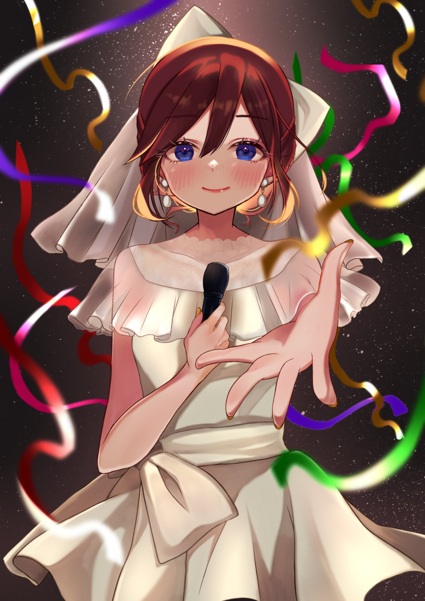 1girl absurdres backlighting black_background blue_eyes blurry blurry_foreground blush bridal_veil brown_hair covered_collarbone dress earrings foreshortening highres holding holding_microphone jewelry kaname_buccaneer kuzumochi_(rosemary_theory) macross macross_delta microphone open_hand outstretched_arms short_hair smile solo straight-on streamers veil white_dress