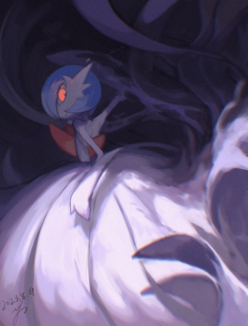 1other alternate_color black_background blue_hair closed_mouth colored_skin commentary_request dated from_side gardevoir glowing glowing_eyes highres looking_to_the_side mega_gardevoir mega_pokemon orange_eyes outstretched_arm pokemon pokemon_(creature) shiny_pokemon signature solo white_skin yu_ikedon