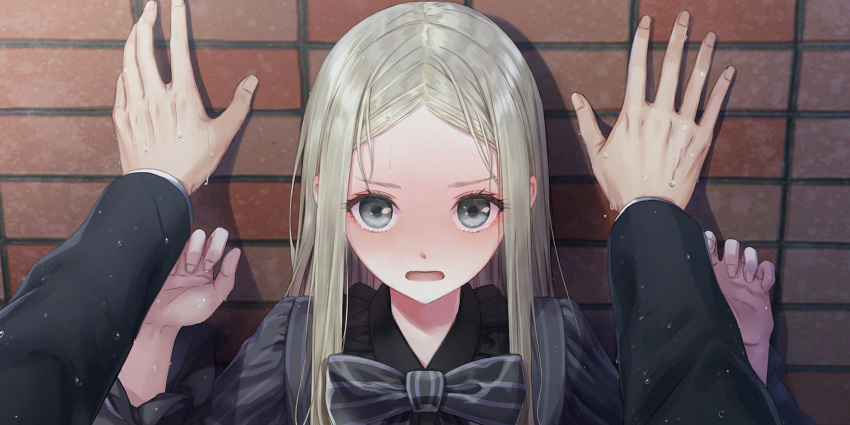 1boy 1girl against_wall black_dress blonde_hair blue_reflection blue_reflection_sun bow bowtie dress embarrassed game_cg grey_eyes highres kabedon kishida_mel long_hair long_sleeves looking_at_viewer morisaki_alesia_yu non-web_source open_mouth parted_bangs pov pov_hands solo_focus striped striped_dress vertical-striped_dress vertical_stripes wet wet_clothes