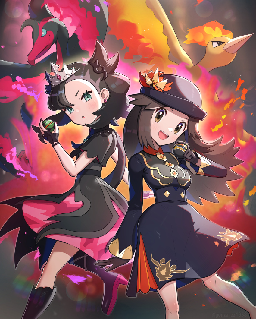 2girls :d :o absurdres black_dress black_gloves black_hair black_nails boots breasts brown_eyes brown_hair commentary_request dress dusk_ball fingerless_gloves fire galarian_moltres gloves gonzarez green_eyes hat hat_ornament highres long_hair looking_at_viewer marnie_(pokemon) moltres multiple_girls official_alternate_costume poke_ball pokemon pokemon_(creature) pokemon_(game) pokemon_masters_ex smile tiara twintails