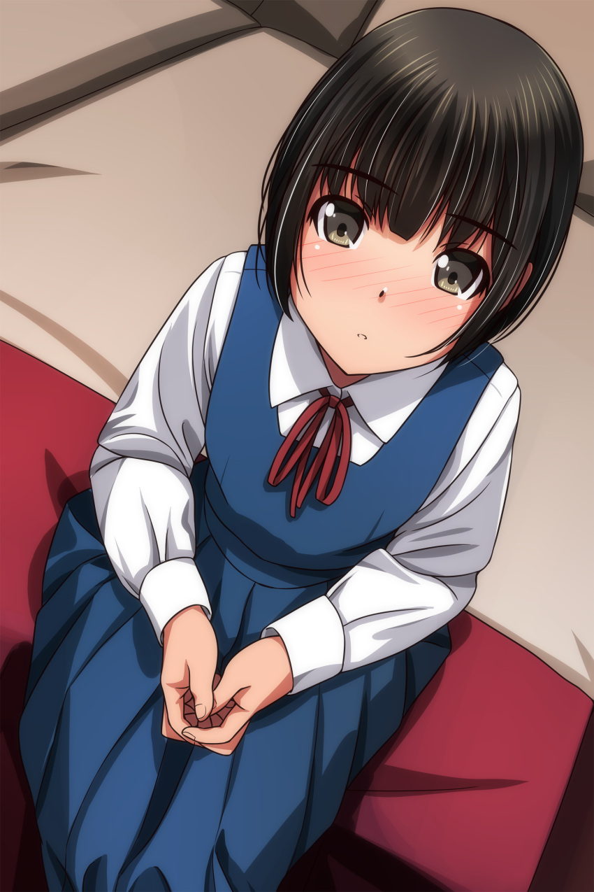 1girl :o absurdres black_hair blue_dress blush brown_eyes collared_shirt dress from_above highres long_sleeves looking_at_viewer looking_up matsunaga_kouyou neck_ribbon nose_blush original own_hands_together parted_lips pinafore_dress pleated_dress red_ribbon ribbon school_uniform shirt sitting sleeveless sleeveless_dress solo white_shirt