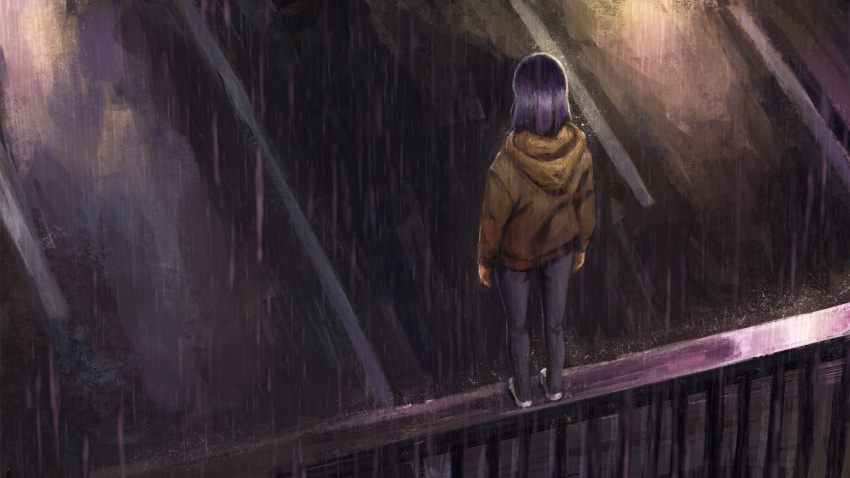 1girl brown_hoodie commentary_request elvafirst english_commentary from_above from_behind highres hood hoodie imminent_suicide kurokawa_akane night on_railing oshi_no_ko outdoors pants purple_hair railing rain road solo standing wide_shot