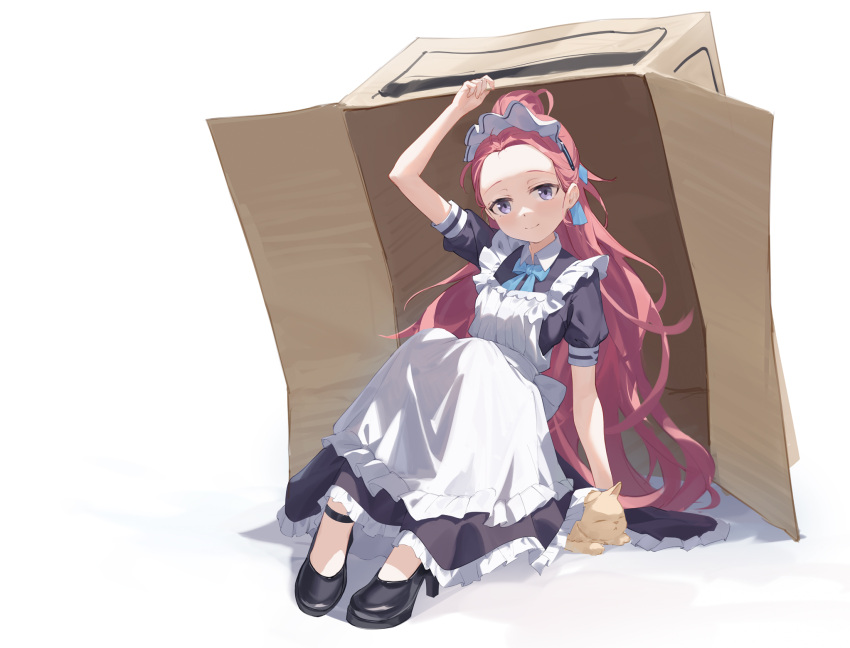 1girl apron blue_archive blue_bow blue_bowtie bow bowtie box cardboard_box cat commentary_request forehead frilled_apron frills hair_bow hair_ribbon halo high_heels highres knees_together_feet_apart long_hair looking_at_viewer maid maid_apron maid_headdress newnand parted_bangs ponytail redhead ribbon short_sleeves sidelocks simple_background sitting violet_eyes white_apron white_background yuzu_(blue_archive) yuzu_(maid)_(blue_archive)