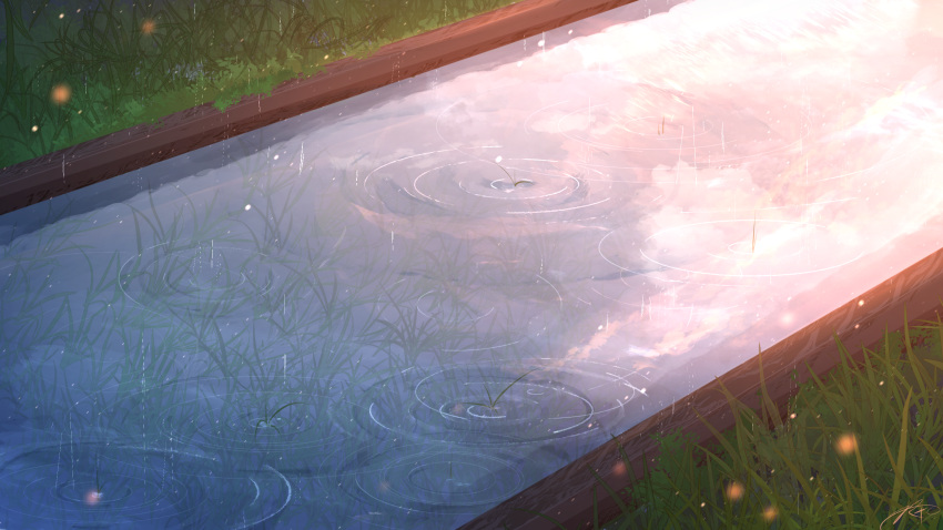 clouds grass highres no_humans original rain reflection reflective_water ripples rune_xiao scenery signature water