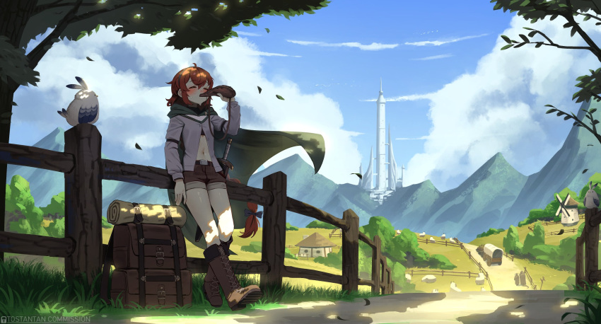 1girl ahoge backpack bag bird blush boots bow braid breasts cloak closed_eyes clouds cloudy_sky commission drink english_commentary fantasy grass hair_bow highres hood hood_down hooded_cloak house long_hair mountain navel orange_hair original railing road shadow sheep shorts single_braid sky small_breasts sweat tostantan tower tree very_long_hair wagon wind wind_lift windmill