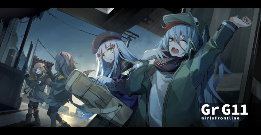 404_(girls'_frontline) 4girls armband beret boots brown_eyes brown_hair character_name commentary facial_mark g11_(girls'_frontline) girls_frontline gloves green_eyes green_headwear green_jacket grey_eyes grey_hair gun h&amp;k_ump hair_between_eyes hair_ornament hairpin hand_up hat highres hk416_(girls'_frontline) jacket long_hair miyabino_(miyabi1616) multiple_girls one_eye_closed one_side_up open_clothes open_jacket open_mouth pantyhose pleated_skirt skirt standing stretching submachine_gun teardrop teardrop_facial_mark teardrop_tattoo ump45_(girls'_frontline) ump9_(girls'_frontline) weapon white_hair yawning yellow_armband
