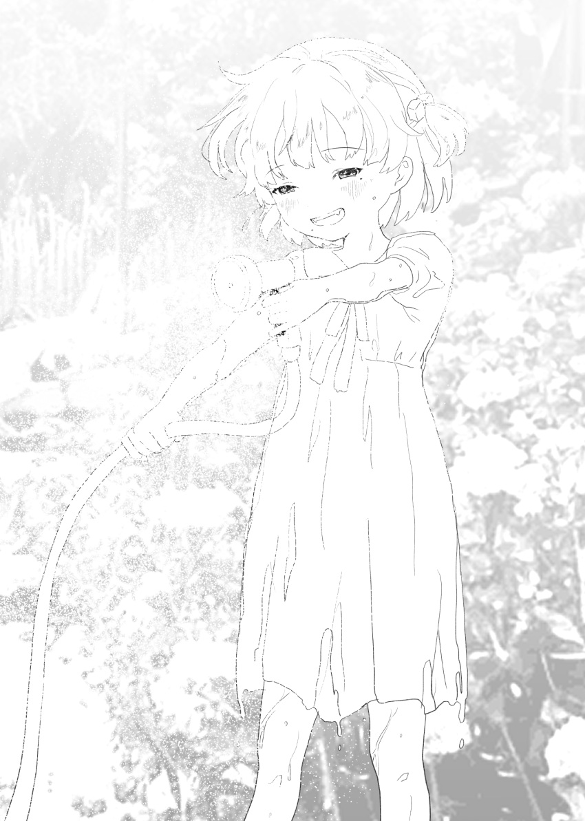 1girl alternate_costume blush collared_dress dress empire_waist fangs feet_out_of_frame floating_hair hair_ornament half-closed_eyes hatoba_tsugu highres holding holding_hose hose lineart looking_at_viewer mole mole_under_eye monochrome neck_ribbon one_side_up open_mouth outstretched_arms photo_background puffy_short_sleeves puffy_sleeves ribbon short_hair short_sleeves smile solo spraying standing taira_(tiririrt) tsugu_(vtuber) virtual_youtuber water wet wet_clothes wet_dress