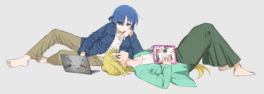 2girls absurdres barefoot blonde_hair blue_hair bocchi_the_rock! casual collared_shirt computer expressionless eye_contact face-to-face from_side grey_background highres ijichi_nijika laptop looking_at_another looking_down lying magazine_(object) melodyguru mole mole_under_eye multiple_girls pants shirt short_hair yamada_ryo yellow_eyes