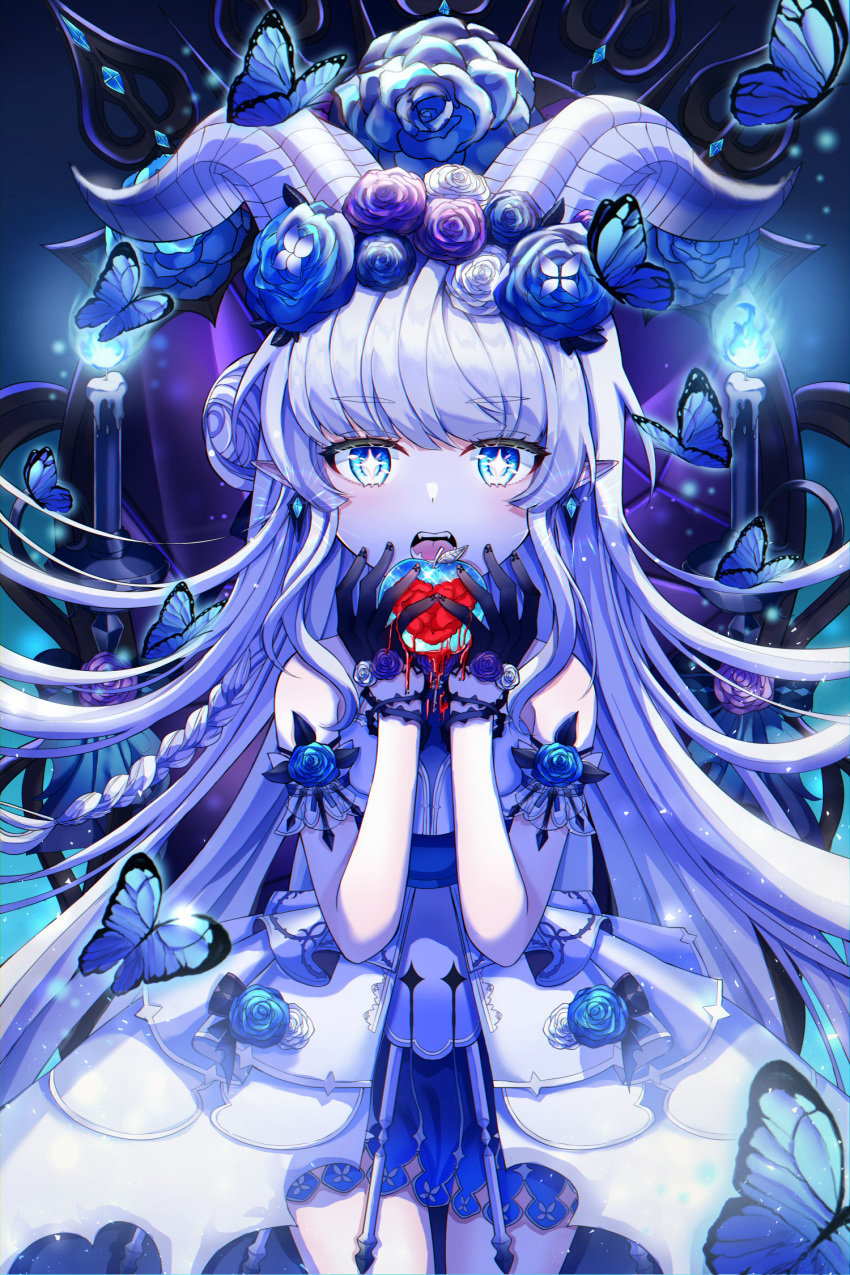 1girl apple armband bare_shoulders black_gloves blood blue_apple blue_dress blue_eyes blue_fire blue_flower blue_rose blue_theme blunt_bangs braid bug butterfly candle commentary cowboy_shot crystal_earrings demon_girl demon_horns dress earrings elsword fangs fire flower food fruit gloves head_wreath highres holding holding_food holding_fruit horns jewelry large_horns long_hair looking_at_viewer luciela_r._sourcream open_mouth pointy_ears purple_flower purple_rose rose ryunbi sleeveless sleeveless_dress solo star-shaped_pupils star_(symbol) symbol-shaped_pupils teeth thorns tongue two-tone_dress very_long_hair white_dress white_flower white_hair white_rose