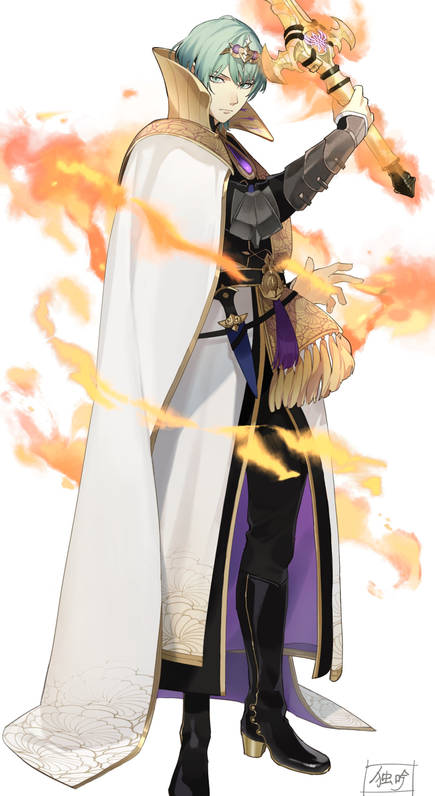 1boy absurdres black_footwear boots byleth_(fire_emblem) byleth_(male)_(fire_emblem) cape closed_mouth commentary doku_gin1126 english_commentary enlightened_byleth_(male) expressionless fire fire_emblem fire_emblem:_three_houses gold_trim green_eyes green_hair high_collar highres holding holding_sword holding_weapon knife looking_at_viewer male_focus sheath sheathed short_hair simple_background solo sword sword_of_the_creator weapon white_background white_cape