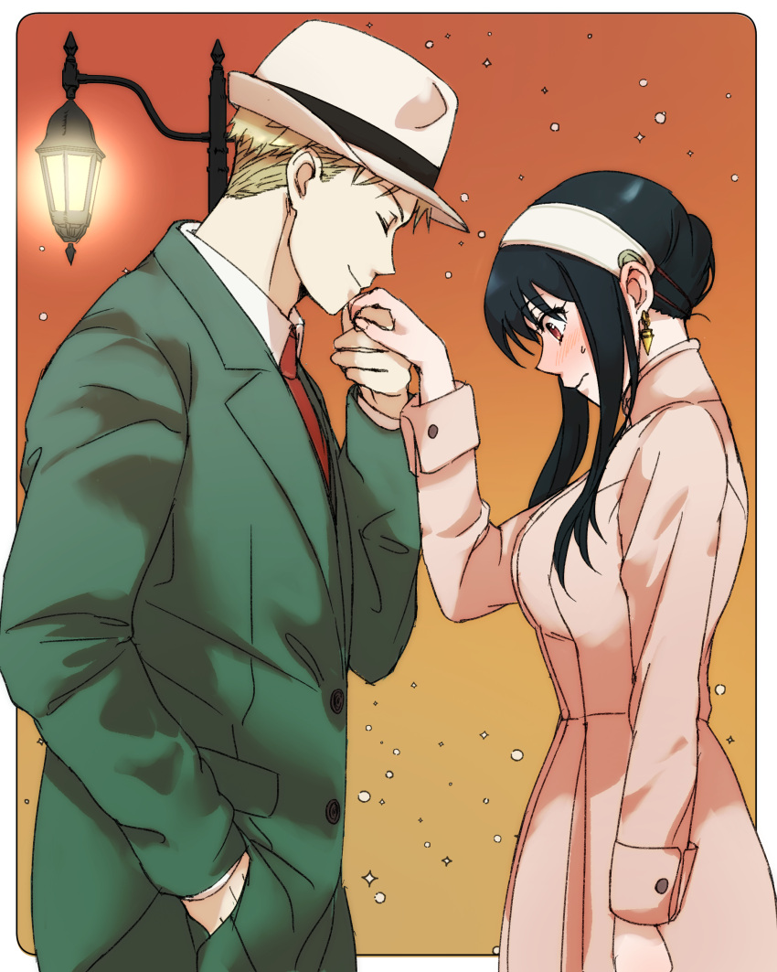 1boy 1girl absurdres affectionate black_hair blonde_hair blush closed_eyes collared_shirt couple earrings formal gold_earrings green_suit hairband hetero highres holding_hands husband_and_wife jewelry kiss kissing_hand long_hair long_sleeves looking_at_another necktie red_eyes shirt short_hair sidelocks smile spy_x_family suit tama_._kogifu twilight_(spy_x_family) white_shirt yor_briar