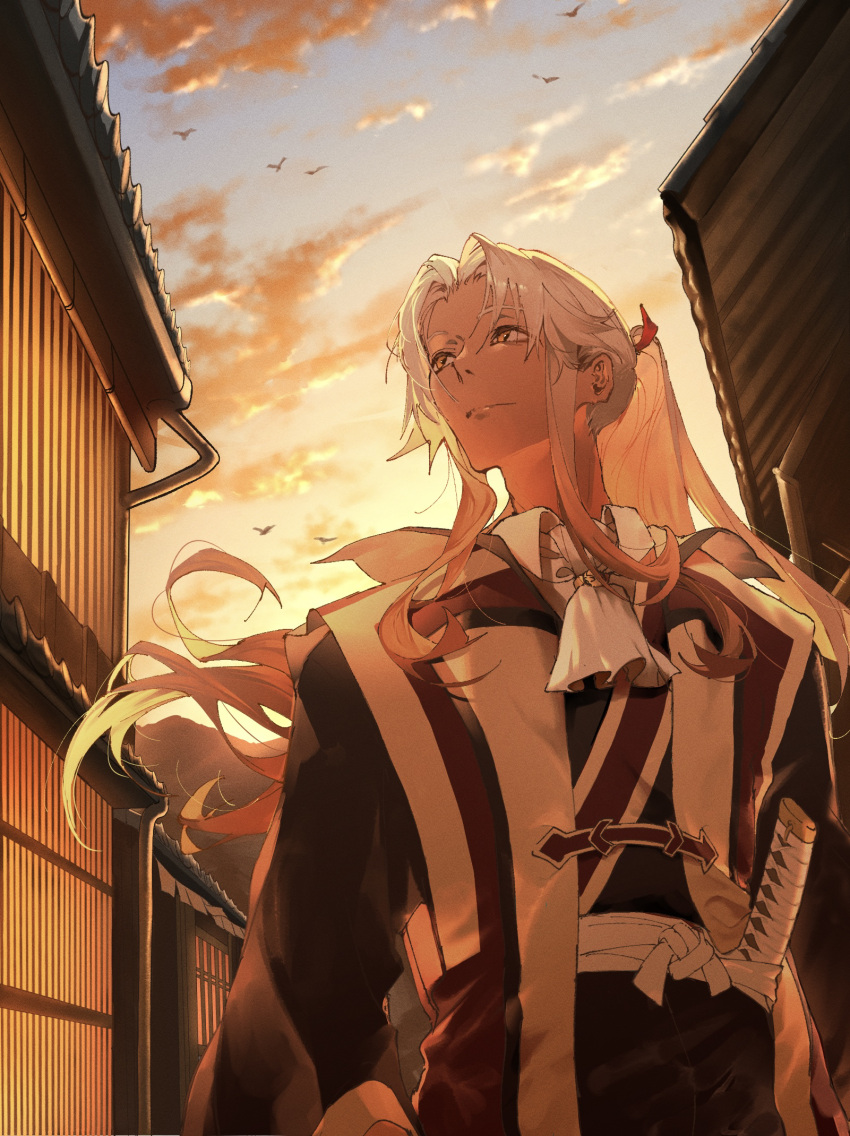 1boy amakusa_shirou_(fate) amakusa_shirou_(third_ascension)_(fate) architecture arms_at_sides ascot bird building closed_mouth clouds cloudy_sky cowboy_shot east_asian_architecture facing_viewer fate/apocrypha fate/grand_order fate_(series) film_grain hair_ribbon highres japanese_clothes jinbaori katana light_smile long_hair long_sleeves looking_to_the_side looking_up male_focus mountainous_horizon nostrils outdoors parted_bangs ponytail red_ribbon ribbon road sheath sheathed sky solo standing street sunset sword tan weapon white_ascot white_hair wide_sleeves yellow_eyes zuraa_(naunau_seijin)