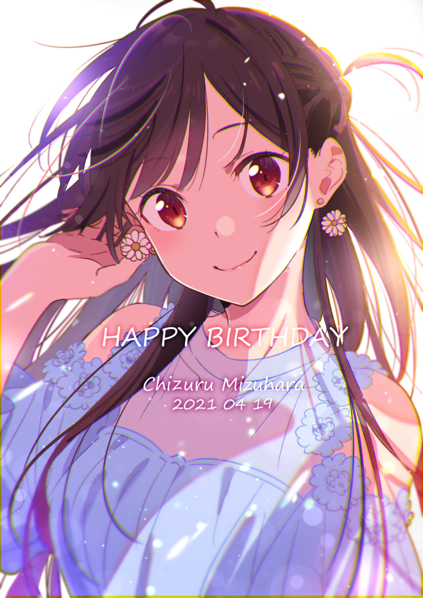 1girl 2021 arm_up bare_shoulders blue_dress brown_eyes brown_hair character_name closed_mouth dated dress earrings flower-trimmed_dress flower_earrings hand_in_own_hair happy_birthday highres hirayama_kanna jewelry kanojo_okarishimasu light_particles lips long_hair looking_at_viewer mizuhara_chizuru one_side_up smile solo upper_body white_background