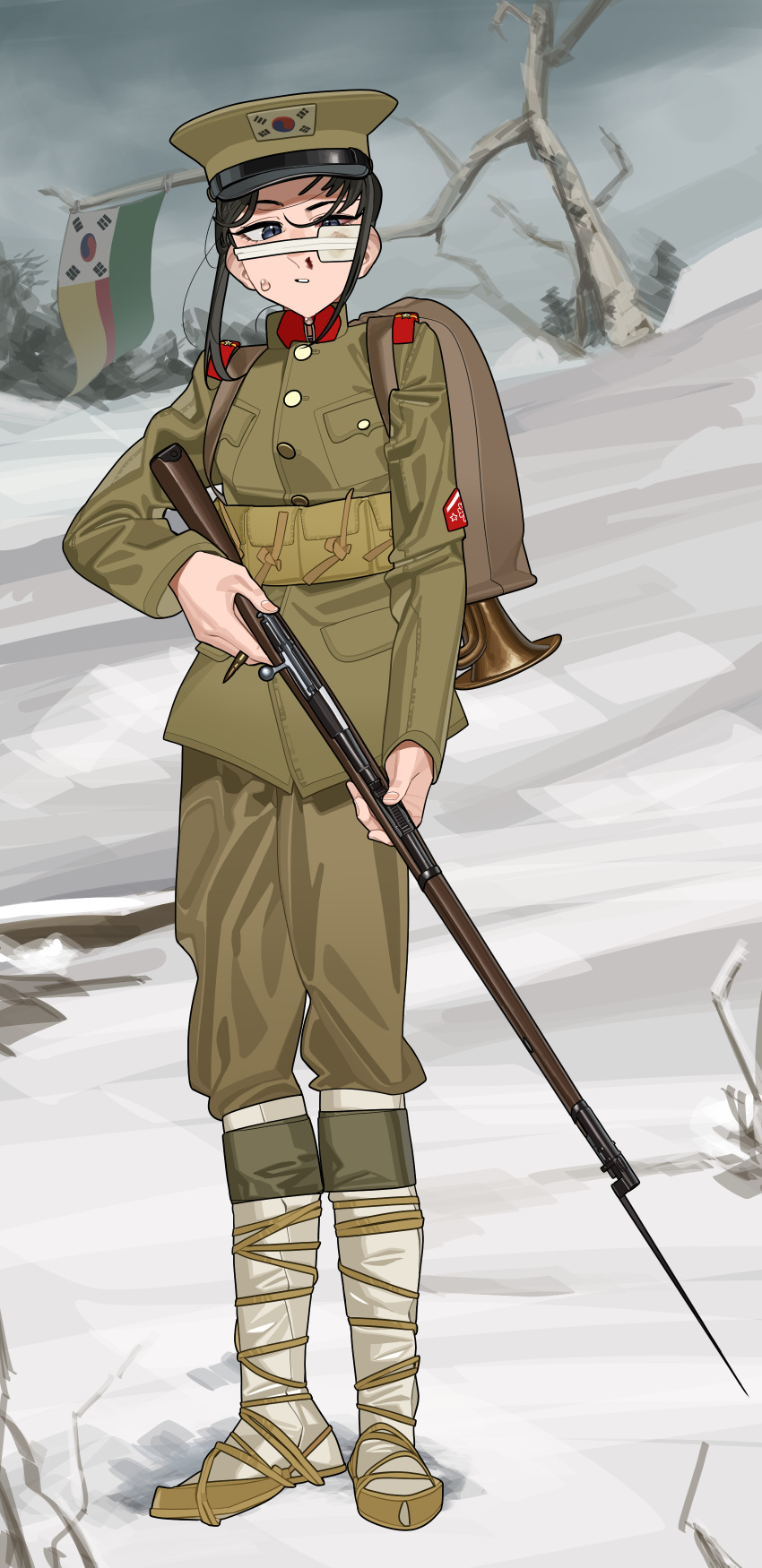 1girl absurdres ammunition_pouch bandage_on_face bandaged_head bandages bare_tree bayonet bedroll belt black_hair blood bolt_action buttons cold collar collar_tabs gun hat highres holding holding_weapon injury insignia instrument jacket korea long_sleeves looking_at_viewer military military_hat military_rank_insignia military_uniform original outdoors pants pocket pouch pzkpfwi republic_of_korea_army shoulder_boards sidelocks snow soldier solo south_korea south_korean_flag star_(symbol) tree trumpet uniform weapon winter