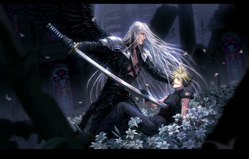 2boys armor belt bishounen black_coat black_gloves black_pants black_wings blonde_hair blood blood_on_face blood_on_weapon blue_eyes building church cloud_strife coat falling_petals feathered_wings final_fantasy final_fantasy_vii flower gloves green_eyes grey_hair hand_on_another's_head hand_on_weapon high_collar highres holding holding_sword holding_weapon indoors injury katana kneeling light_smile long_coat long_hair long_sleeves lying male_focus masamune_(ff7) multiple_boys on_back open_clothes open_coat pants parted_lips pauldrons petals ry1115275908 sephiroth short_hair shoulder_armor single_pauldron skyscraper sleeveless sleeveless_turtleneck smile stab stained_glass suspenders sword turtleneck weapon white_flower white_hair wings