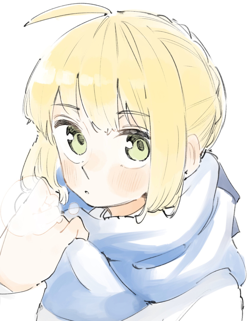 1girl ahoge artoria_pendragon_(fate) blonde_hair blue_scarf blush breath close-up coat fate/stay_night fate_(series) green_eyes highres long_sleeves looking_at_viewer parted_lips saber scarf sidelocks simple_background sketch solo tenoo12 white_background white_coat