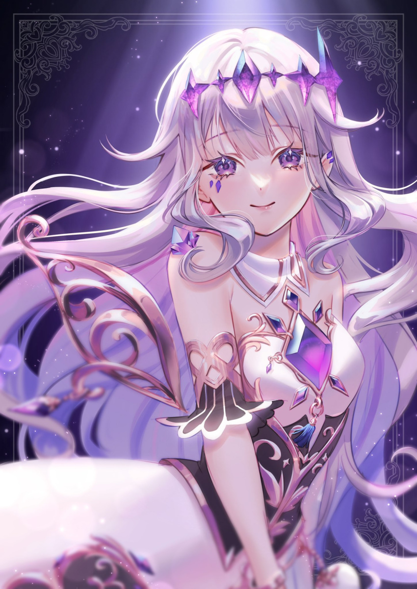 1girl breasts chest_jewel dress highres hololive hololive_english koseki_bijou long_hair looking_at_viewer reina_reina07 small_breasts violet_eyes virtual_youtuber white_dress white_hair