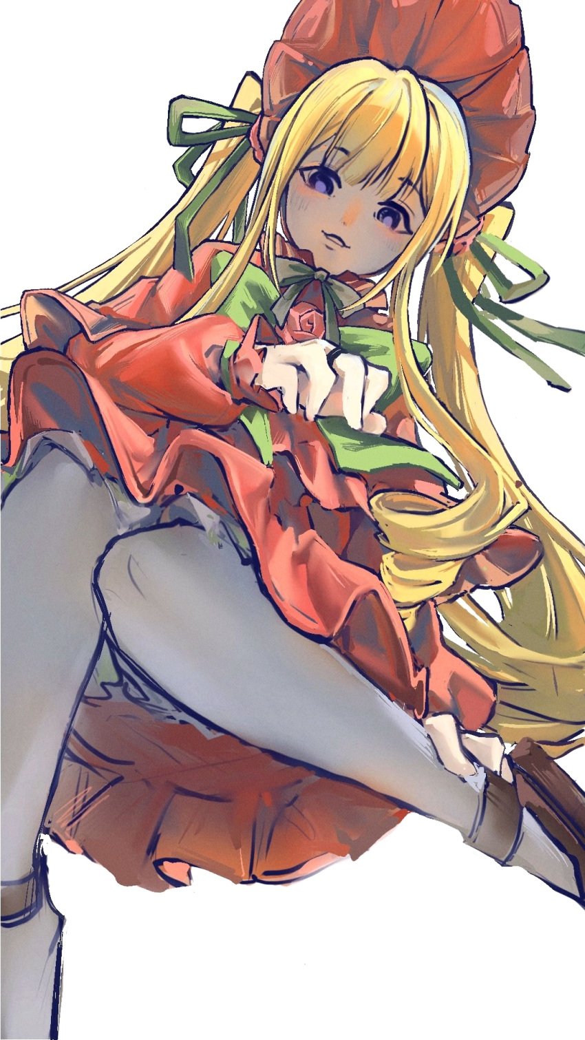 1girl artist_request blonde_hair blue_eyes bonnet bow brown_footwear dress drill_hair flower green_bow green_ribbon grey_pantyhose highres lolita_fashion long_sleeves pantyhose pink_flower pink_rose puffy_long_sleeves puffy_sleeves red_dress red_headwear ribbon rose rozen_maiden shinku shoes simple_background smile solo twintails white_background