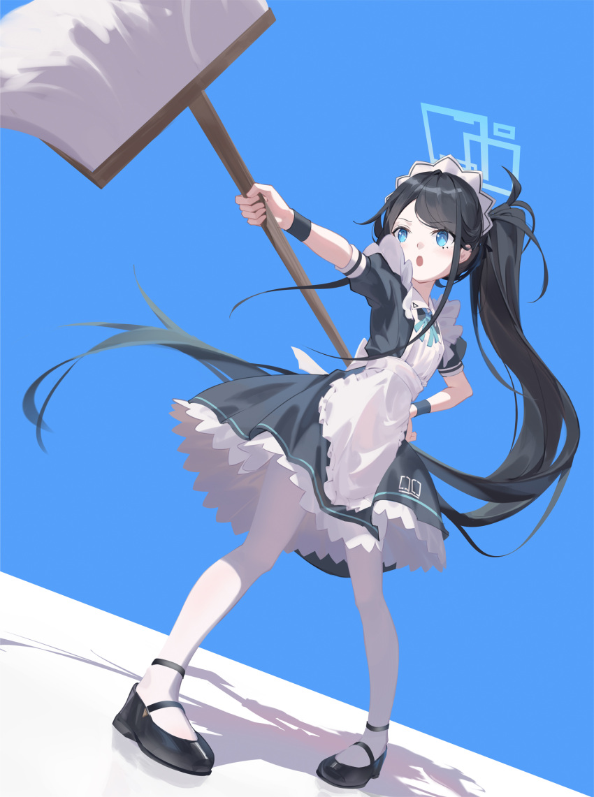 1girl apron aris_(blue_archive) aris_(maid)_(blue_archive) black_hair blue_archive blue_bow blue_bowtie blue_eyes bow bowtie commentary_request frilled_apron frills halo hand_on_own_hip highres long_hair maid maid_apron maid_headdress mary_janes moped motor_vehicle newnand official_alternate_costume official_alternate_hairstyle pantyhose parted_bangs parted_lips shoes short_sleeves side_ponytail sidelocks simple_background solo two-tone_background white_apron white_pantyhose wristband