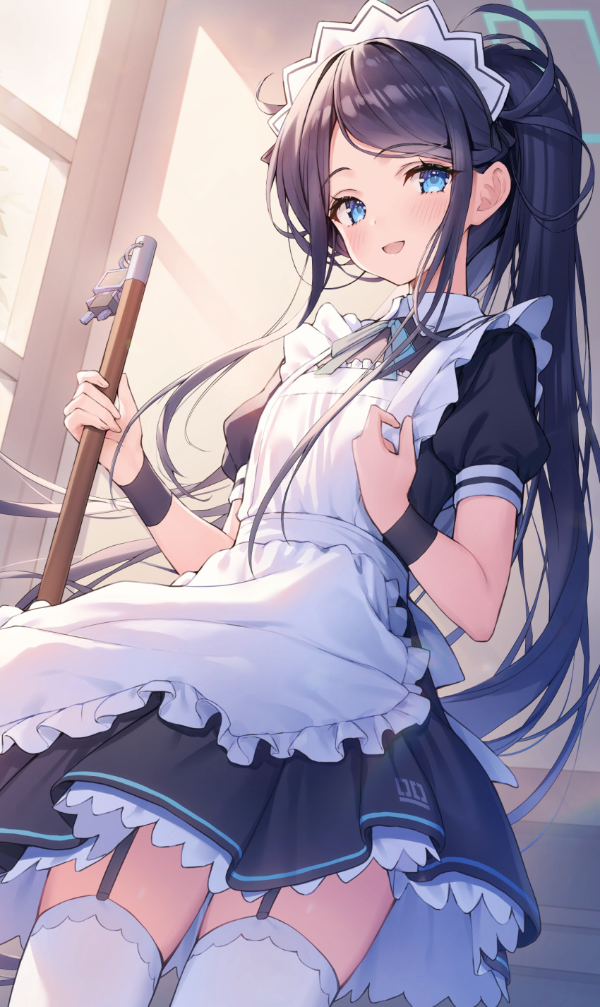 1girl :d absurdres apron aris_(blue_archive) aris_(maid)_(blue_archive) black_dress black_hair blue_archive blue_eyes blue_ribbon cowboy_shot dress frilled_apron frills garter_straps halo highres holding holding_mop kuro_futoshi long_hair maid maid_headdress mop neck_ribbon official_alternate_costume official_alternate_hairstyle open_mouth ponytail ribbon short_sleeves smile solo thigh-highs thighs white_apron white_thighhighs