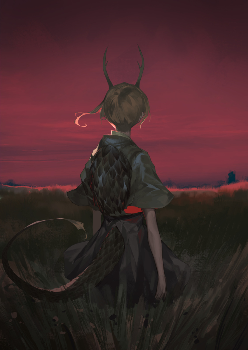 1girl absurdres antlers arms_at_sides blonde_hair blue_skirt chinese_commentary cowboy_shot dragon_tail facing_away field floating_hair from_behind green_shirt highres kicchou_yachie outdoors red_sky shirt short_hair skirt sky solo tail touhou turtle_shell wb_yimo