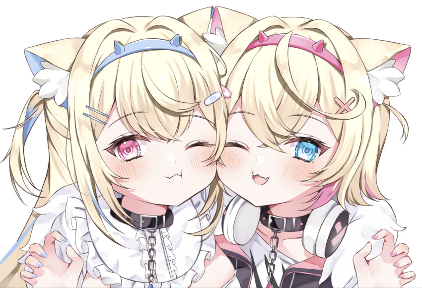2girls :3 :t animal_collar animal_ears bandaid_hair_ornament black_collar black_jacket blonde_hair blue_eyes blue_hair blue_hairband blue_nails blush breasts cheek-to-cheek cheek_press claw_pose collar commentary_request crossed_bangs dog_ears double-parted_bangs fake_horns fur-trimmed_jacket fur_trim fuwawa_abyssgard hair_between_eyes hair_intakes hair_ornament hairband hairclip headphones headphones_around_neck heads_together highres hololive hololive_english horns jacket large_breasts long_hair looking_at_viewer mococo_abyssgard multicolored_hair multiple_girls nail_polish open_mouth pink_eyes pink_hair pink_nails short_hair siblings sisters spiked_collar spikes streaked_hair twins two_side_up upper_body virtual_youtuber x_hair_ornament yomomaru