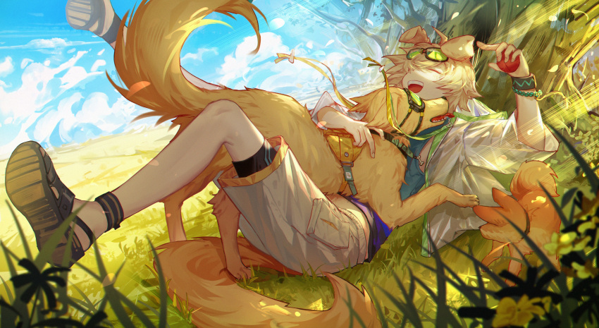 1boy absurdres animal_ears arknights ball blonde_hair blue_shirt blue_sky bracelet chinese_commentary closed_eyes clouds cloudy_sky commentary_request dog dog_boy dog_ears eyewear_on_head full_body goggles golden_retriever grass happy highres holding holding_ball hug infection_monitor_(arknights) jacket jewelry leleyoukuailele lying male_focus on_back open_mouth outdoors sandals see-through see-through_jacket shirt short_hair shorts sky smile solo tank_top teeth tequila_(arknights) tree upper_teeth_only white_shorts