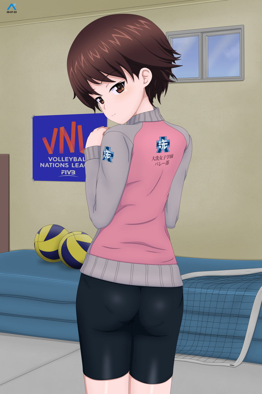 1girl absurdres acrux artist_logo ass bike_shorts black_shorts brown_eyes brown_hair dated emblem english_commentary from_behind girls_und_panzer gym_storeroom half-closed_eyes highres indoors isobe_noriko jacket long_sleeves looking_at_viewer looking_back mat ooarai_(emblem) pantylines purple_jacket raglan_sleeves short_hair short_shorts shorts smile solo standing track_jacket volleyball volleyball_net window