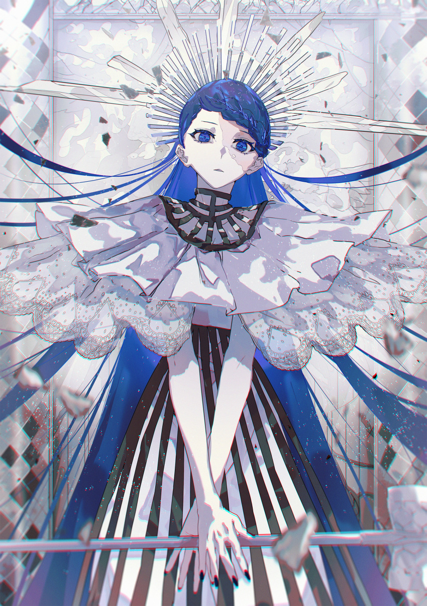1girl absurdres ado_(utaite) black_nails blue_eyes blue_hair braid chromatic_aberration clothing_request cowboy_shot crossed_wrists debris dress expressionless fingernails french_braid gira_gira hammer head_tilt headpiece highres holding holding_hammer light_particles limited_palette long_hair looking_at_viewer parted_lips scar scar_on_face sledgehammer solo standing striped striped_dress to/garashi vertical-striped_dress vertical_stripes very_long_hair