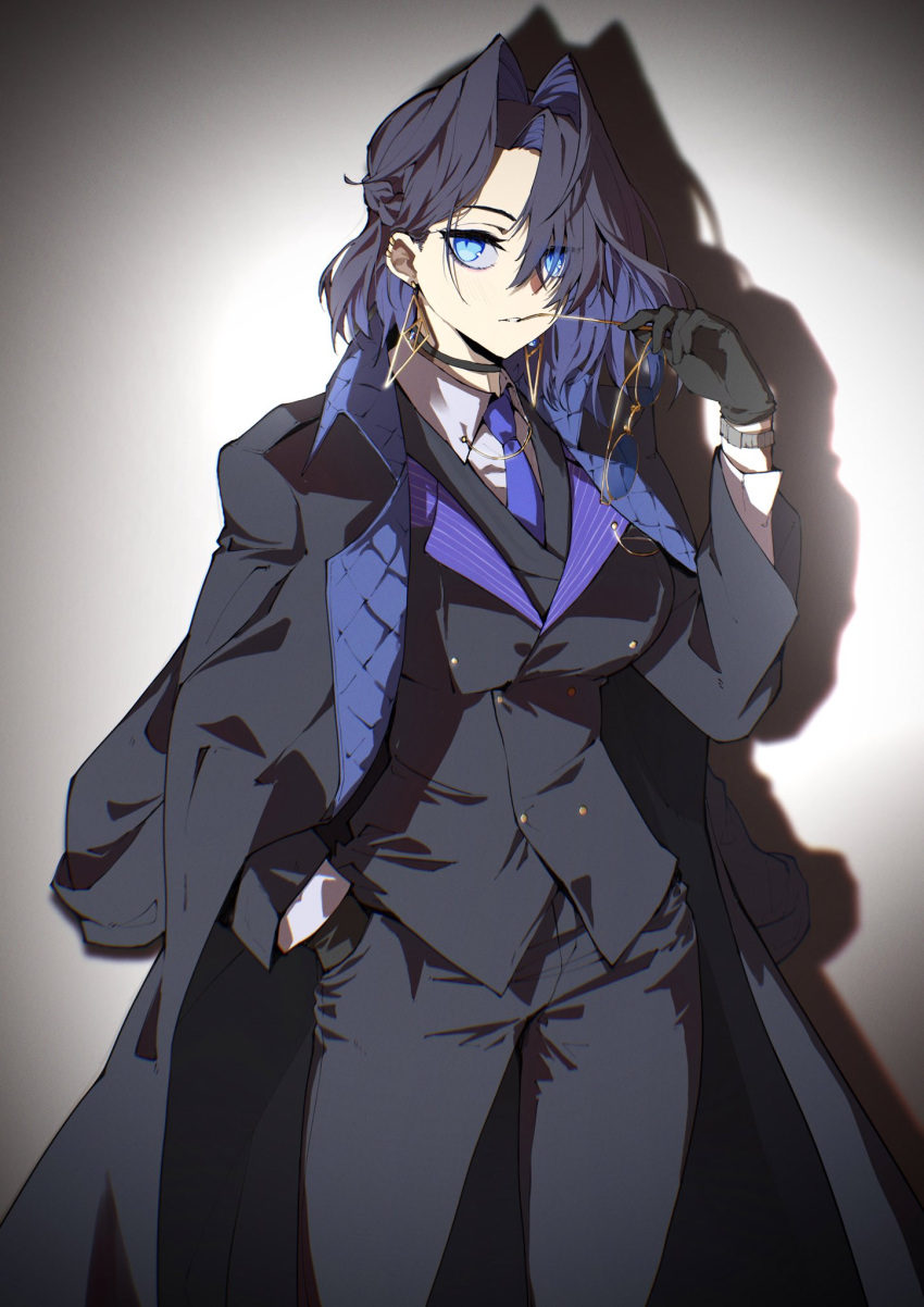 1girl animal_ears blue_eyes blue_hair breasts choker commentary cowboy_shot english_commentary eyewear_removed glass gloves hair_intakes hand_in_pocket highres holding holding_removed_eyewear hololive hololive_english jon_eve large_breasts long_sleeves looking_at_viewer necktie ouro_kronii solo suit virtual_youtuber watch